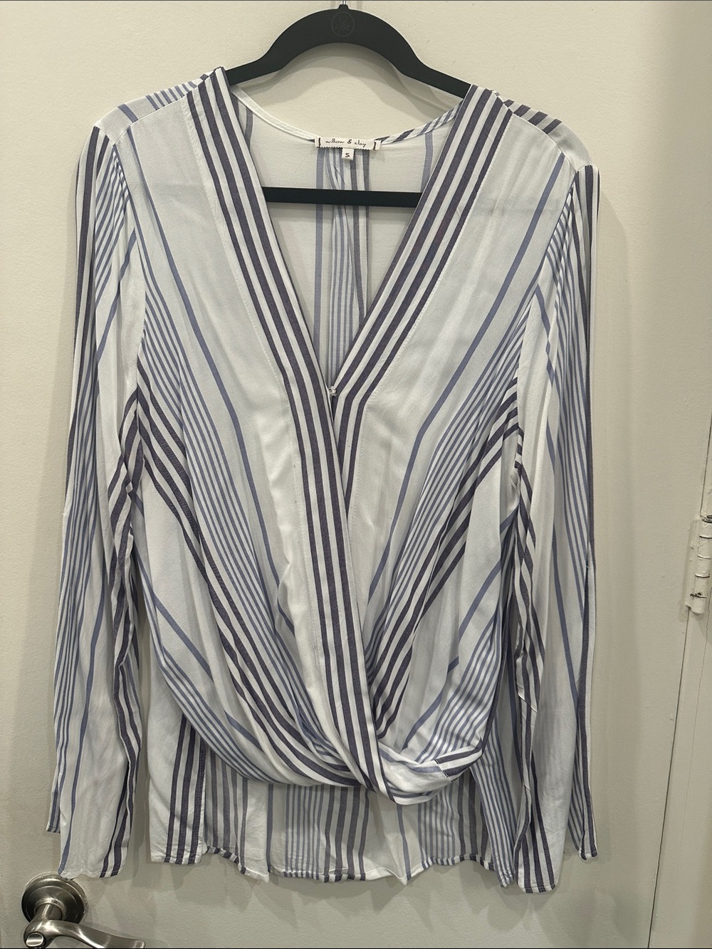 Willow and Clay Women’s Striped Wrap Blouse - White & Blue